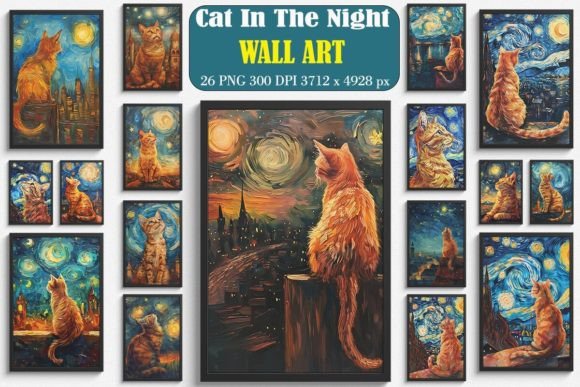 Cat in the Night Van Gogh Style Wall Art Bundle