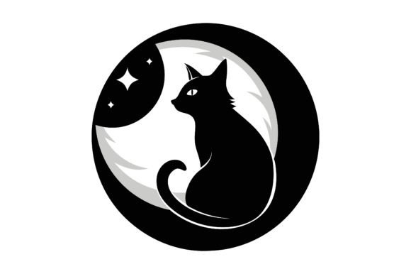 Cat with Moon Line Art Black Silhouette
