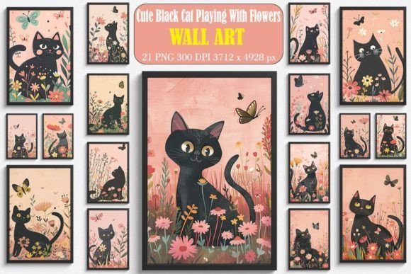 Cute Black Cat Playing with Flowers Embroidery Bundle