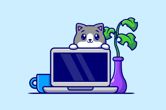 Cute Cat Behind Laptop Cartoon Review